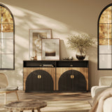 BELLEZE 65 Inch Fluted Buffet Cabinet with Storage, Symmetrical Arc Accent Sideboard Large Console Table for Dining Room, Kitchen, and Living Room (Caramel Brown)