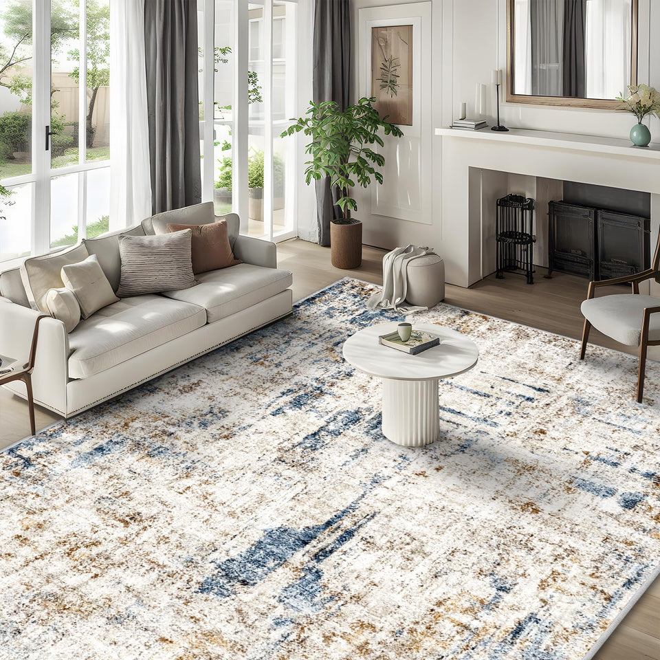 12x15 Area Rug for Living Room – Large Modern Neutral Abstract Thin Washable Carpet, Soft Low Pile Non-Slip Stain-Resistant for Bedroom Dining Room Home Office (Beige Grey)
