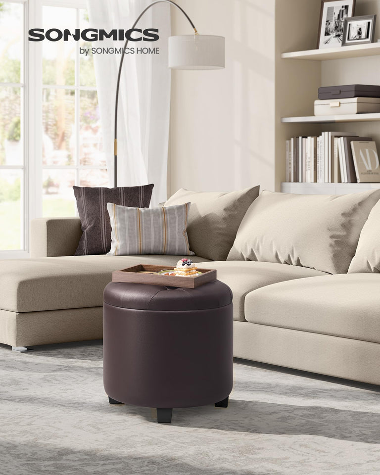SONGMICS Round Ottoman, Ottoman with Storage, 17.7 Dia. x 17.5 H Inches Foot Rest with Legs, Load up to 330 lb, for Living Room, Bedroom, Dark Gray ULOM011G01
