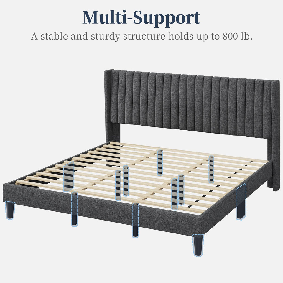 Yaheetech King Bed Frame Upholstered Platform Bed with Fabric Headboard, Wing Edge Design/Non-Slip and Noise-Free/Wooden Slats Support/No Box Spring Needed/Easy Assembly, Ivory King Bed