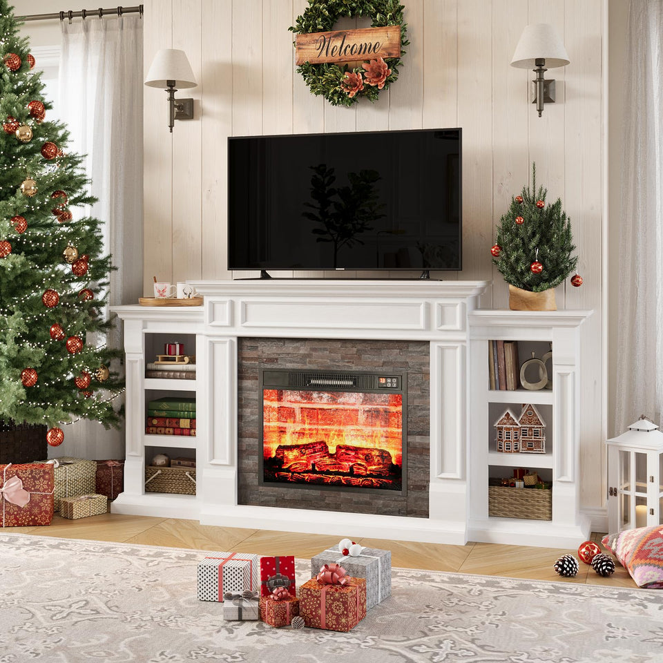 LGHM 72" Electric Fireplace with Mantel, Fireplace TV Stand for TVs Up to 80 Inch, Modern Entertainment Center with Storage, Realistic Stacked Stone Surround with Remote Control for Living Room