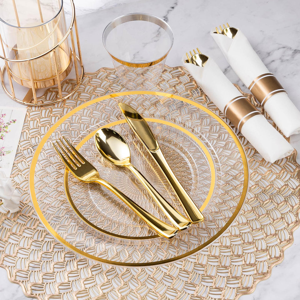 Goodluck 700 Piece Dark Blue Plastic Dinnerware Set for Party, Clear Disposable Plates for 100 Guests, Include: 100 Dinner Plates, 100 Dessert Plates, 100 Pre Rolled Napkins with Cutlery Set, 100 Cups