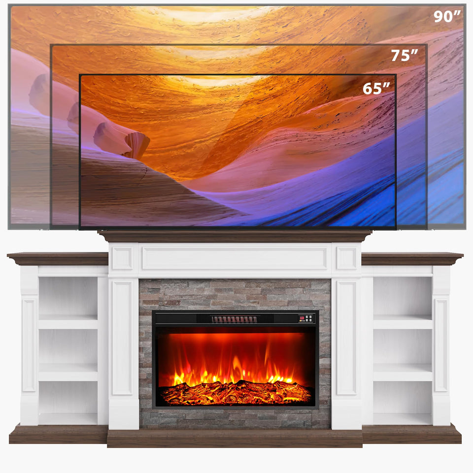 80" Fireplace TV Stand for TVs Up to 90 Inch, Electric Fireplace with Mantel, Farmhouse Entertainment Center with Storage, Realistic Stacked Stone Surround with Remote Control for Living Room