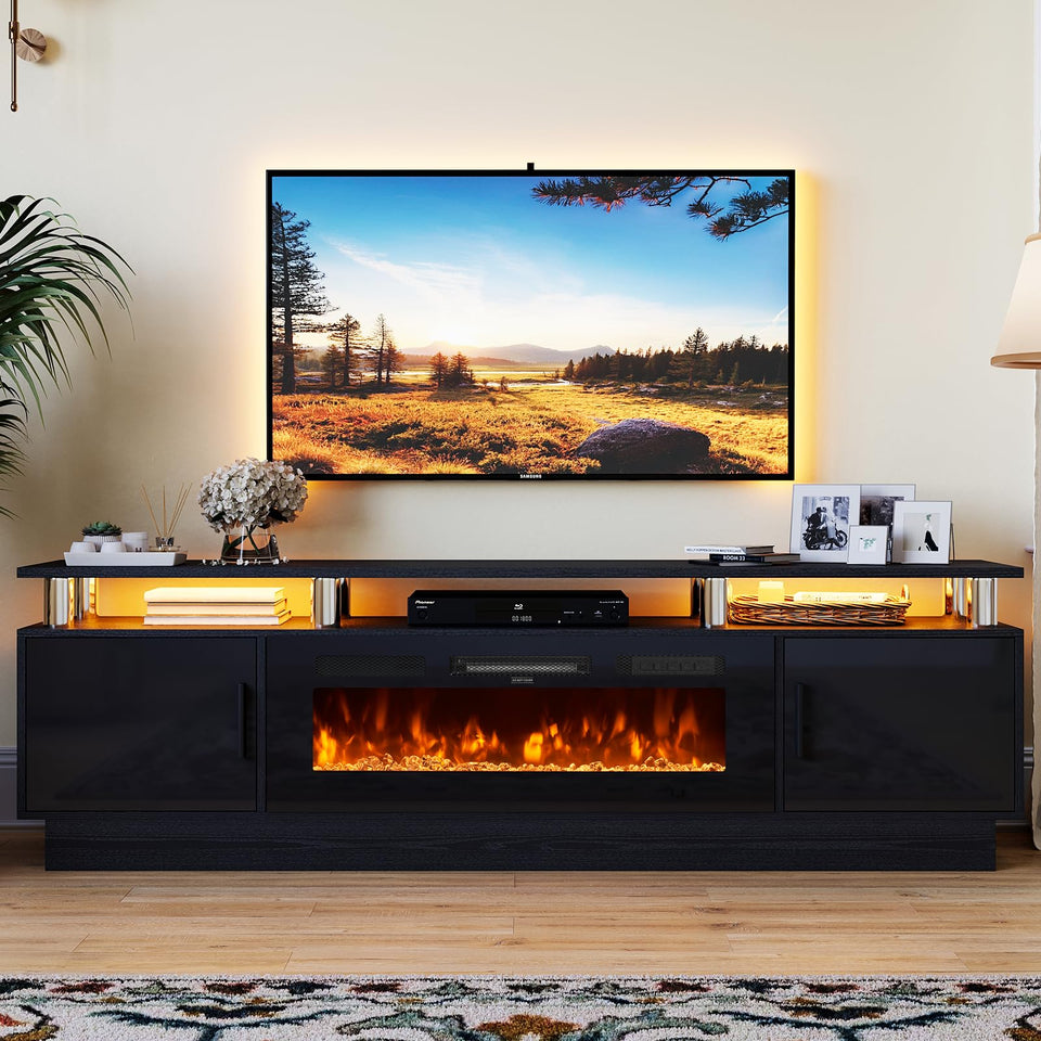 OneBlis 70" TV Stand for Living Room, Modern Entertainment Center & Media Console, Fits TVs up to 80", Storage Cabinet with Shelves, 36" Electric Fireplace with LED Flame (All Black)