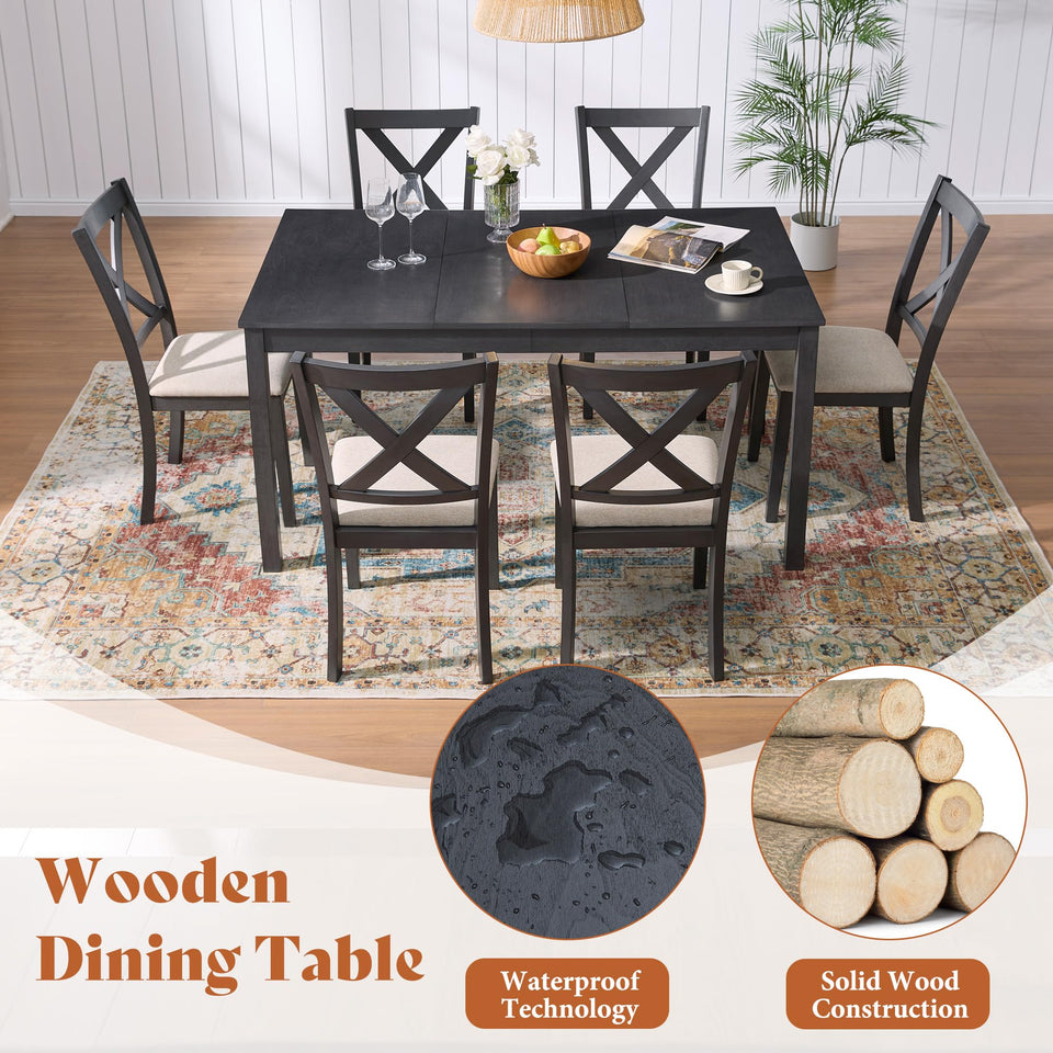 AMERLIFE 7-Piece Farmhouse Solid Wood Dining Table Set with 6 Upholstered Chairs, 60" Space Saving Dinner Table & Chairs Set, for Dining Room, Kitchen, Restaurant, Brown & White