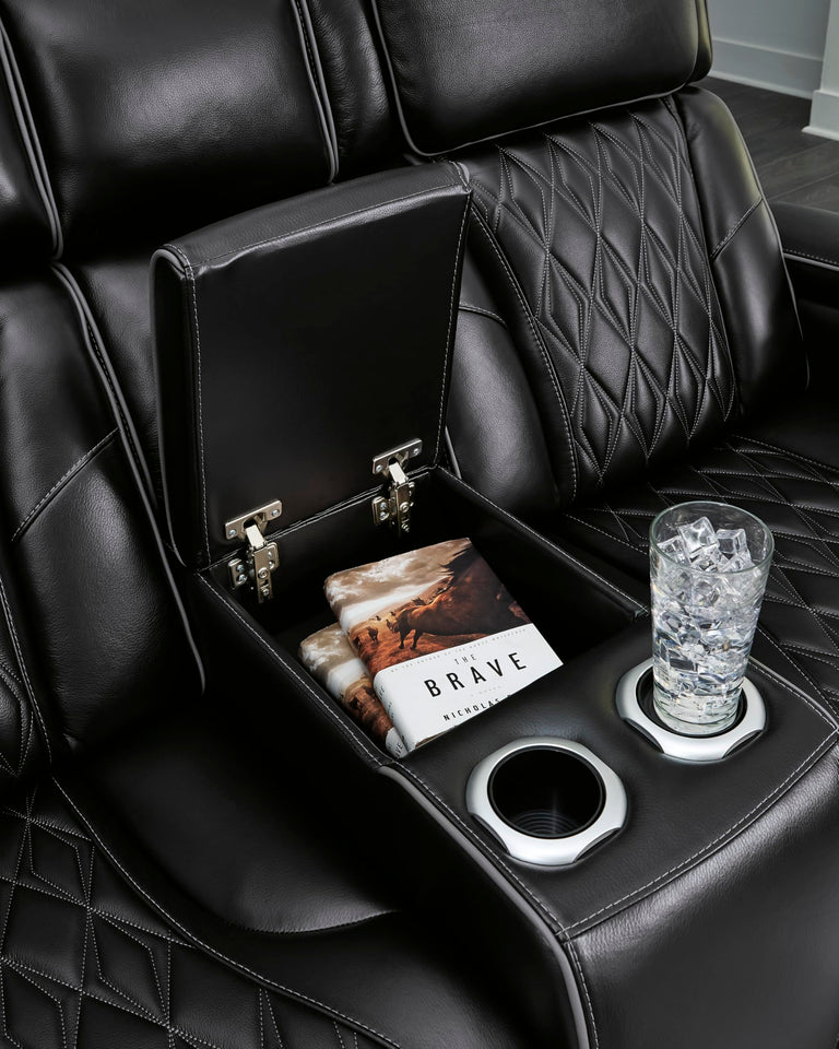 Signature Design by Ashley Boyington Contemporary Leather Match Power Reclining Sofa with USB Charging Ports, LED Lights and Adjustable Headrest, Light Gray