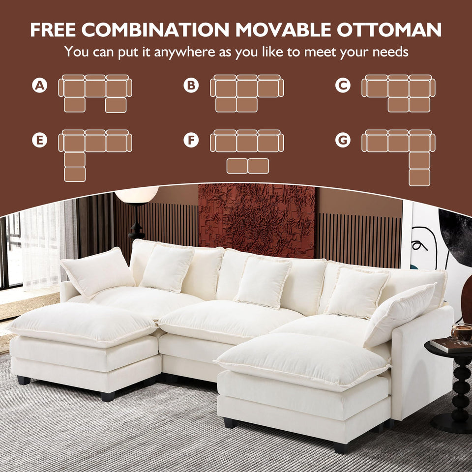 Ihanherry 146" U-Shaped Modern Sofa Modular Sectional Cloud Couch with 2 Ottoman, 6-Seat Chenille Deep Seat Sofa with 6 Pillows for Living Room, Bedroom and Apartment, Grey