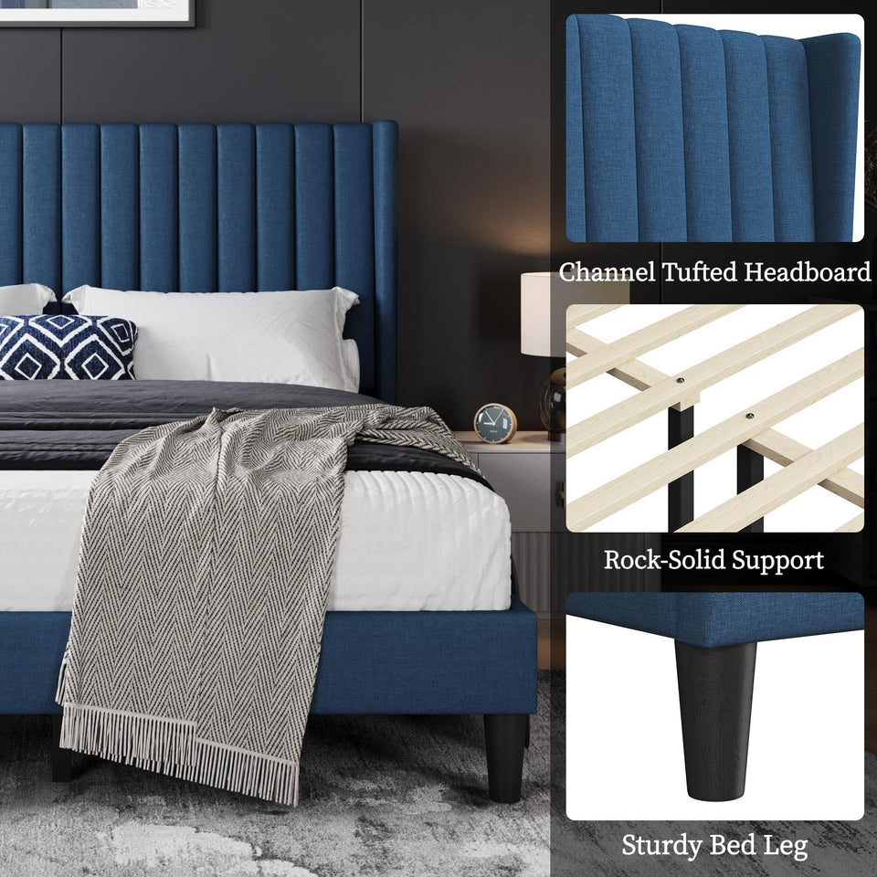 Yaheetech King Bed Frame Upholstered Platform Bed with Fabric Headboard, Wing Edge Design/Non-Slip and Noise-Free/Wooden Slats Support/No Box Spring Needed/Easy Assembly, Ivory King Bed