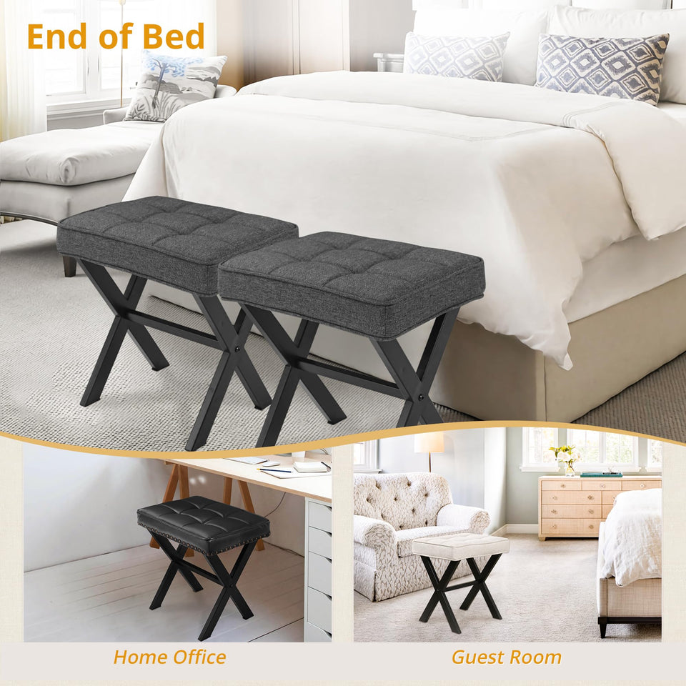 LUE BONA Square Linen Makeup Stool, Metal X Legs, Small Ottoman Stool Chair for Vanity, Modern Padded Seat Foot Rest for Makeup Room, Bathroom