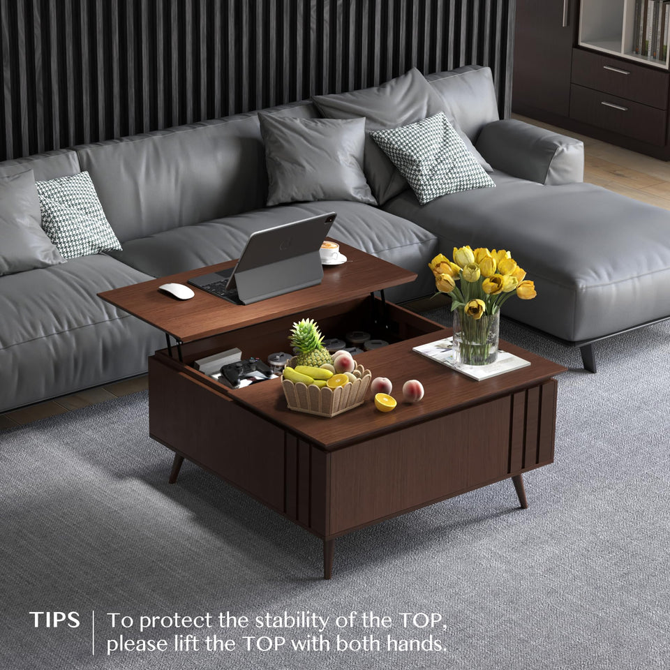 JOINICE, Round Coffee Table with Storage, Mid Century Modern Center Table with Sliding Cabinet Door, Fluted Dining Table for Living Room, Home Small Space, 31.5", Walnut