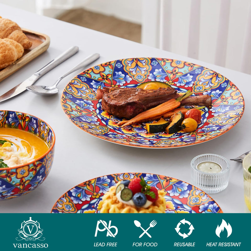 vancasso 24 Pieces Dinnerware Sets, Plates and Bowls Set, Porcelain Dishes Set for 6, Microwave and Dishwasher Safe, Scratch Resistant, Bohemian Style Dining Ware Service for 6, Series SIMI