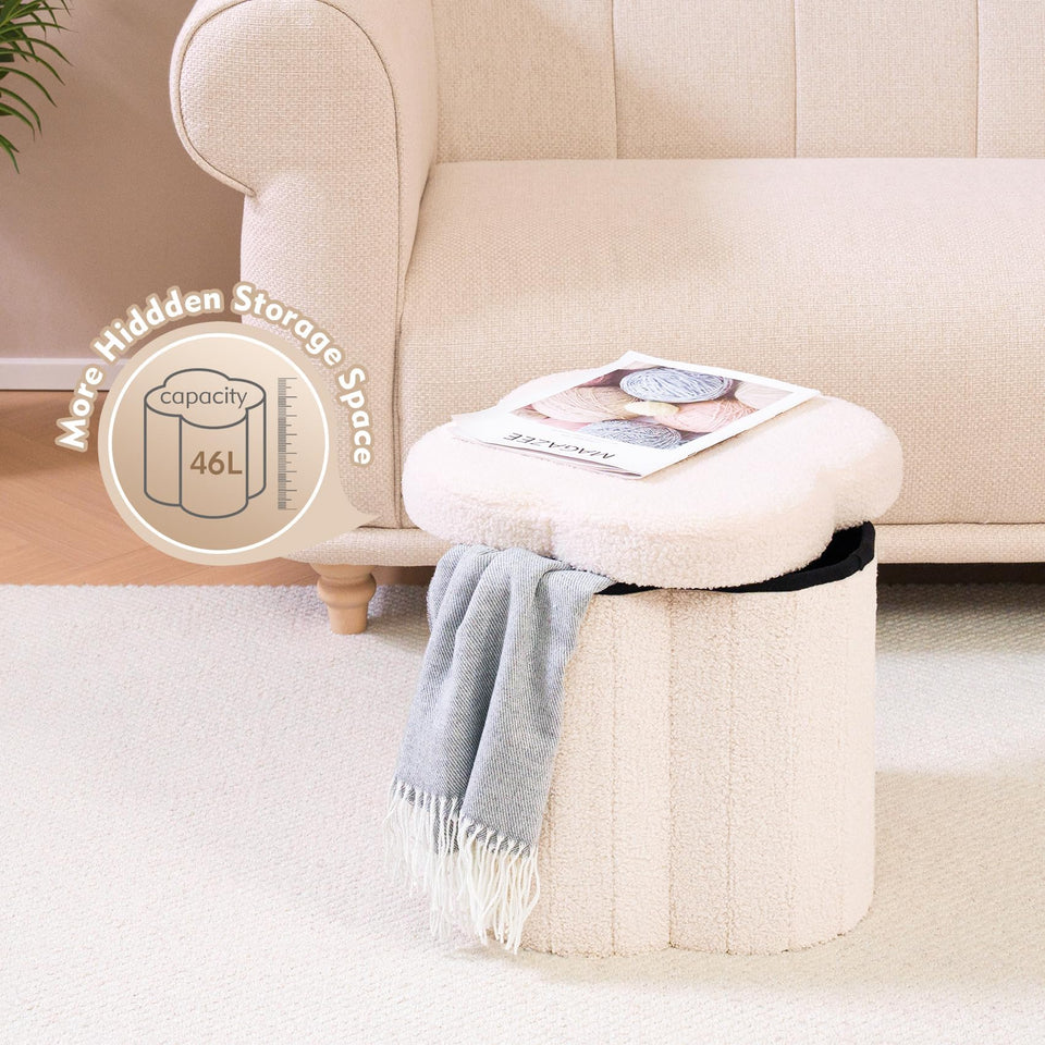 B FSOBEIIALEO Storage Ottoman Cube, Flowers Shaped Ottomans with Storage Foot Stool Footrest for Lving Room, Boucle Ottoman Seat for Dorm Room,Faux Teddy Fur, Cream White 12.6"x12.6"x12.6"
