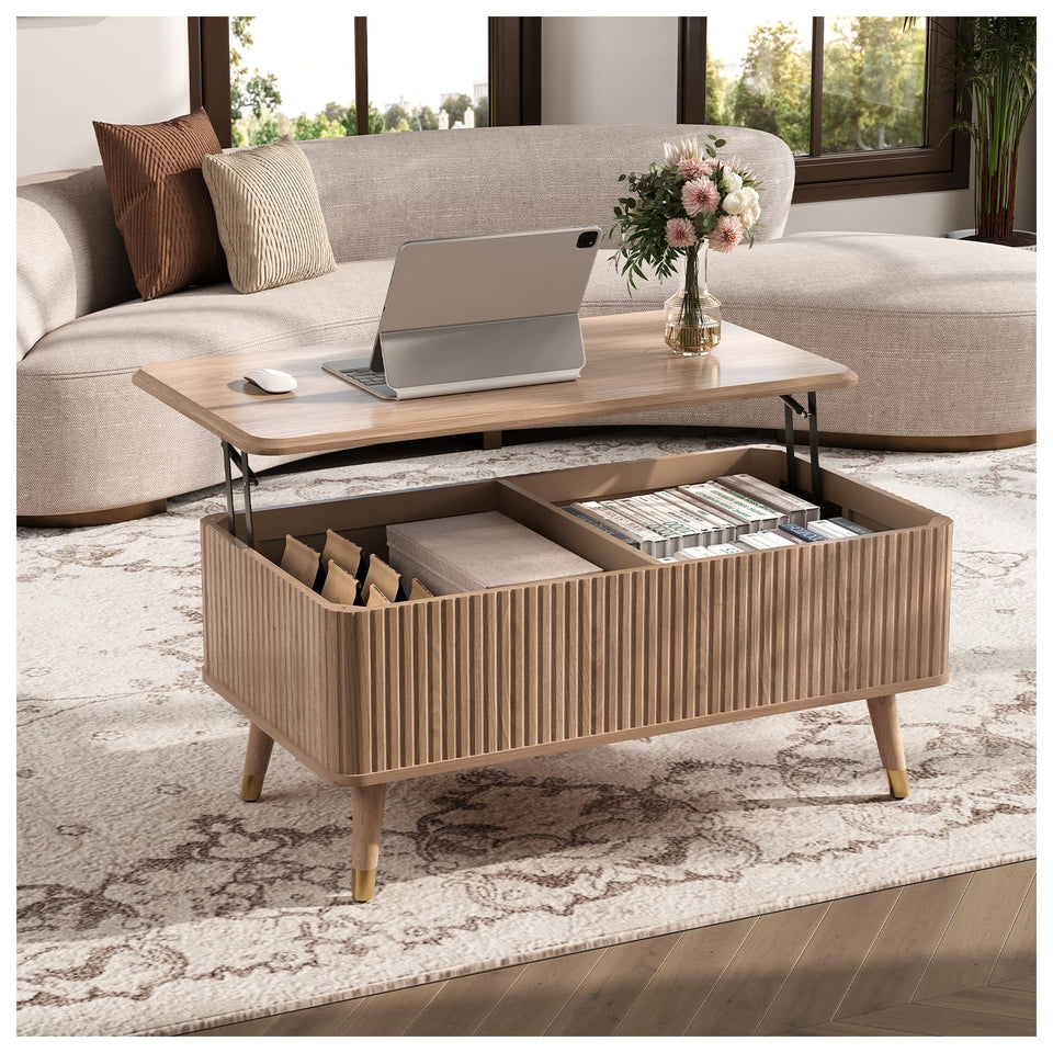 JOINICE, Round Coffee Table with Storage, Mid Century Modern Center Table with Sliding Cabinet Door, Fluted Dining Table for Living Room, Home Small Space, 31.5", Walnut