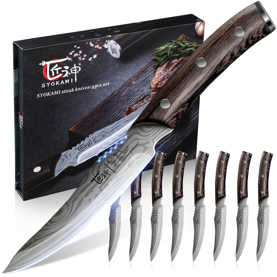 SYOKAMI Steak Knives Set of 8, 4.8 Inch High-Carbon Japanese Stainless Steel Non-serrated Steak Knife with Wood Handle, Damascus Pattern Full Tang Design, Razor-Sharp Dinner Knives with Gift Box