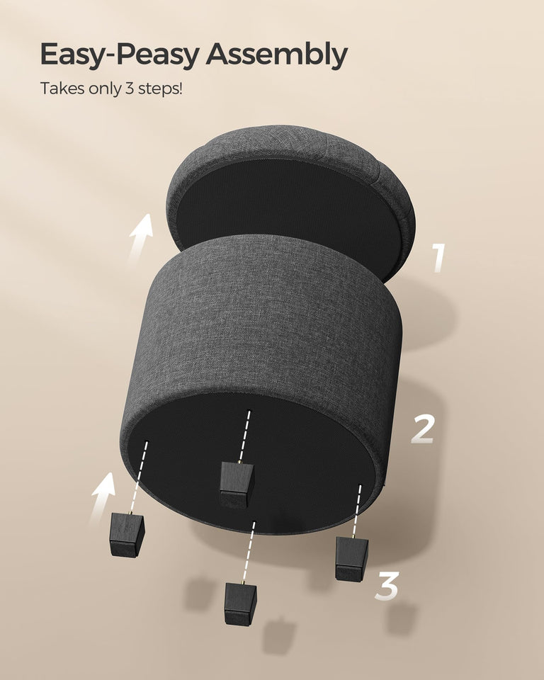 SONGMICS Round Ottoman, Ottoman with Storage, 17.7 Dia. x 17.5 H Inches Foot Rest with Legs, Load up to 330 lb, for Living Room, Bedroom, Dark Gray ULOM011G01