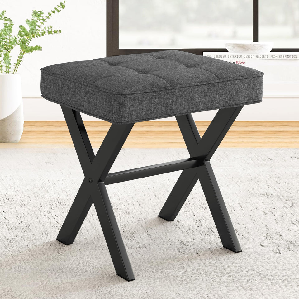 LUE BONA Square Linen Makeup Stool, Metal X Legs, Small Ottoman Stool Chair for Vanity, Modern Padded Seat Foot Rest for Makeup Room, Bathroom