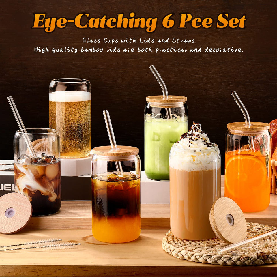 DWTS DANWEITESI Glass Cups with Lids and Straws 4 pcs,16oz Drinking Glasses Set for Coffee Bar Accessories,Iced Coffee Cups with Lids,Matcha Cup Glass Tumbler Reusable for Gifts