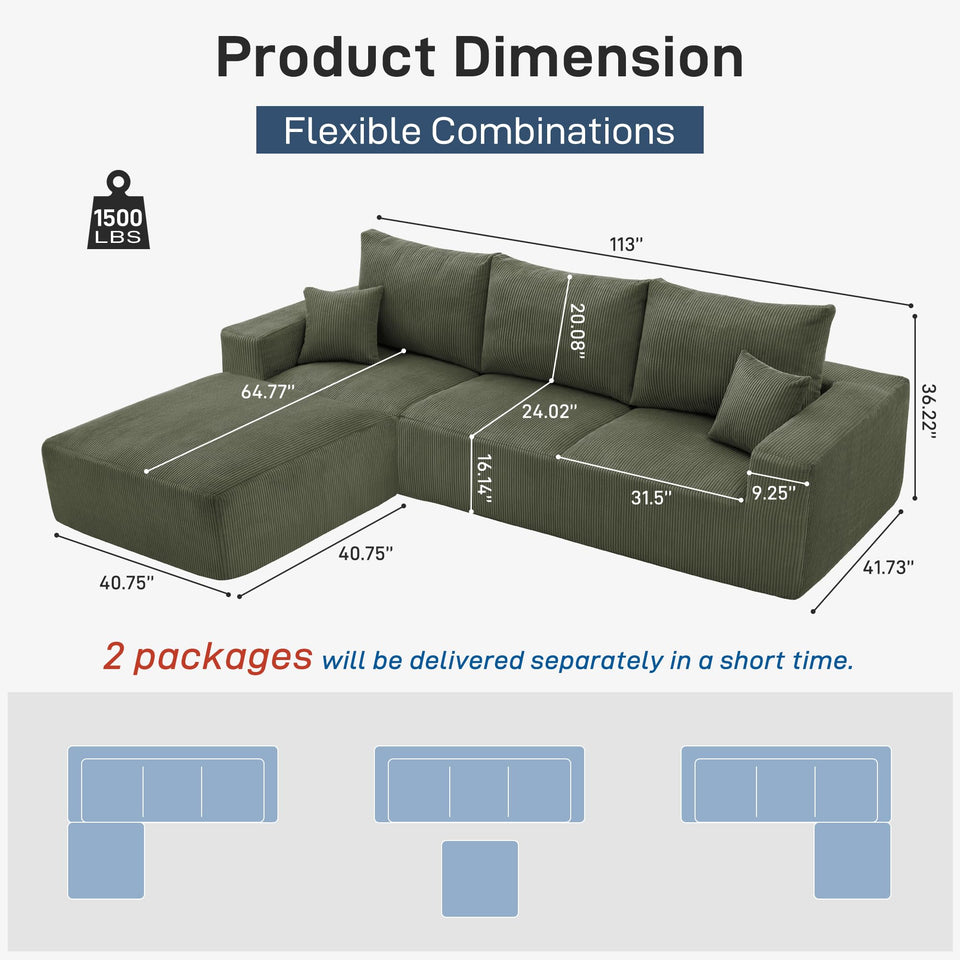 Sectional Cloud Boneless Sofa Couches for Living Room-113'' Beige 3 Seater U-Shaped Modern Lounge Couch-No Assembly Modular Corduroy Convertible Sponge Sleeper Sofas with Chaise for Home House