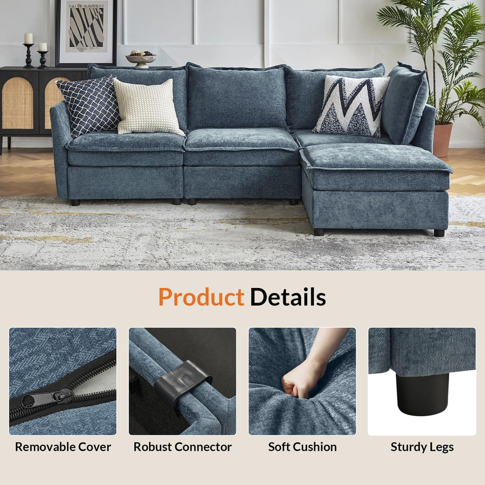 HULALA HOME 127'' Modular Sectional Sofa, Oversized U Shaped Couch with Storage Ottoman, Comfy Chenille Sofa with Deep Seat, 6 Seat Convertible Couches for Living Room, Beige