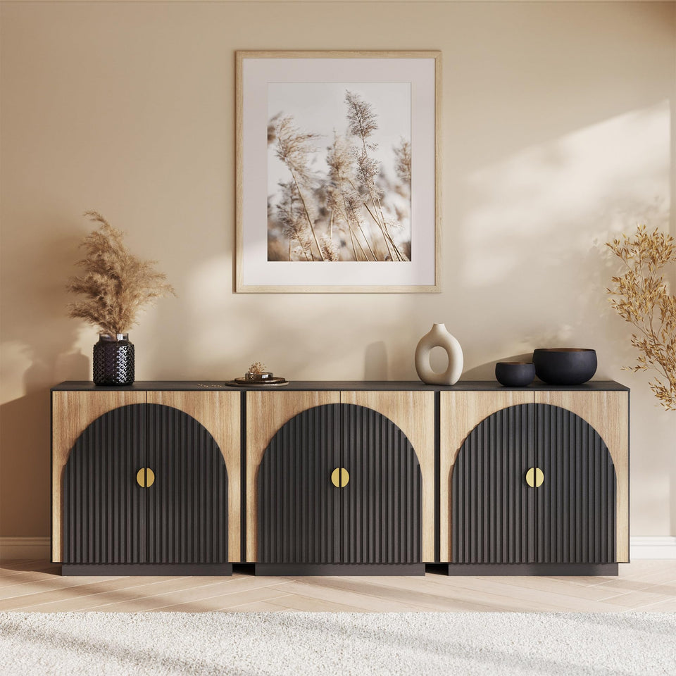 BELLEZE 65 Inch Fluted Buffet Cabinet with Storage, Symmetrical Arc Accent Sideboard Large Console Table for Dining Room, Kitchen, and Living Room (Caramel Brown)