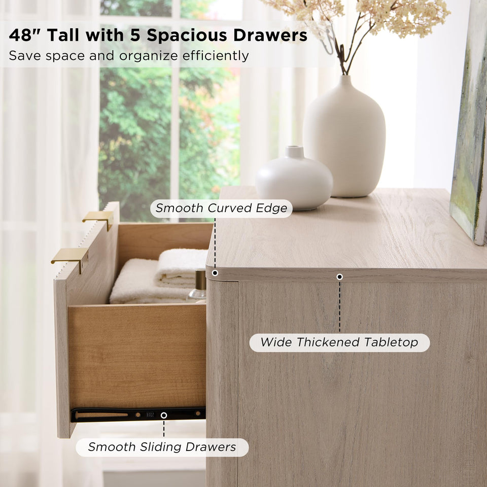 T4TREAM Fluted 7 Drawers Dresser, 54" Wide Modern Chest of Drawers with Faux Marble Top, Curved Profile Design, Dresser TV Stand, Wood Drawer Organizer for Bedroom, Living Room, Hallway, Natural Oak