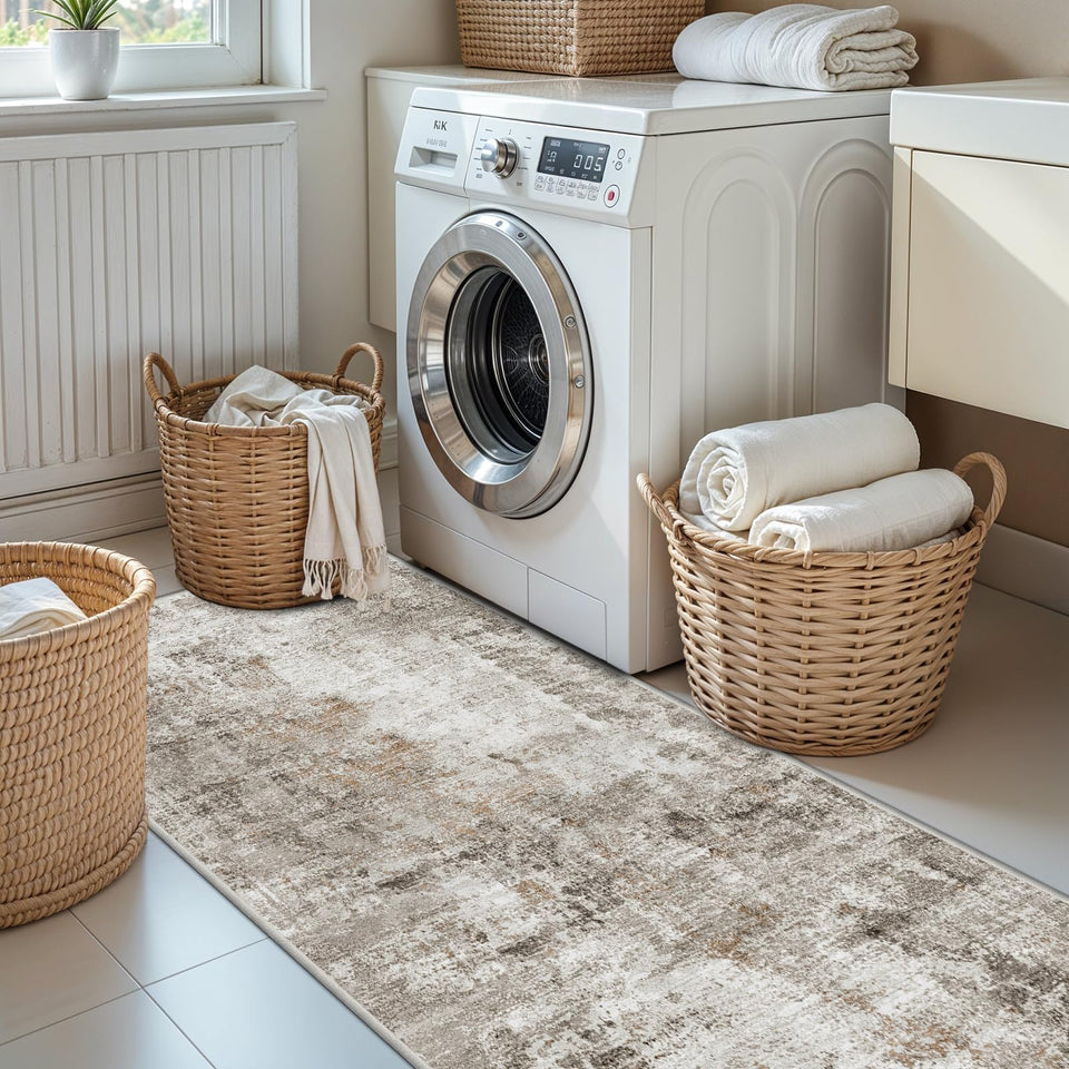 12x15 Area Rug for Living Room – Large Modern Neutral Abstract Thin Washable Carpet, Soft Low Pile Non-Slip Stain-Resistant for Bedroom Dining Room Home Office (Beige Grey)