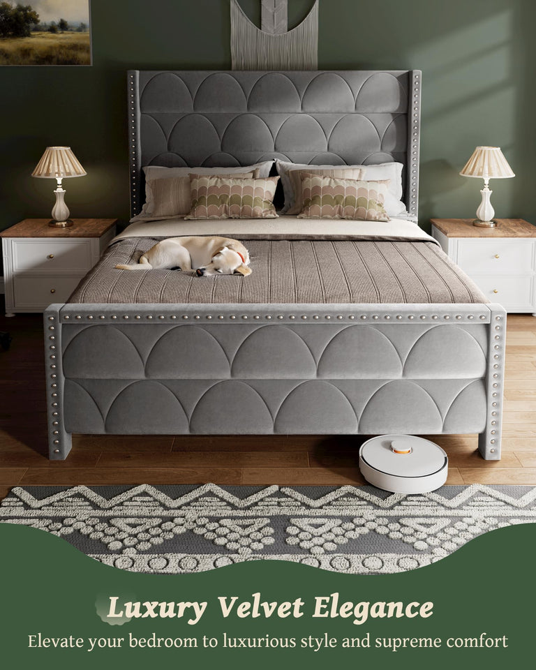 OHOHOLIVE King Size Bed Frame with 56" Headboard - 1000LBS Capacity Support, Velvet Upholstered Wingback Platform Bed Frame, Noise Free, Sturdy Wooden Slat Support
