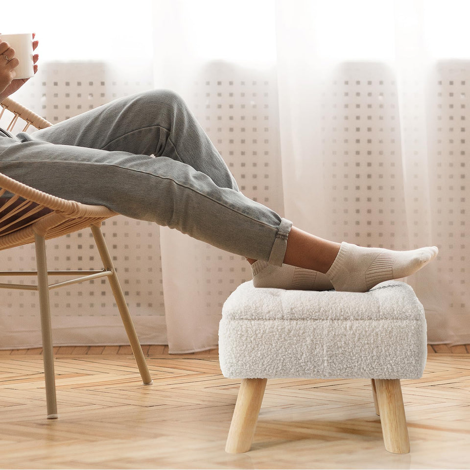 OGEMXU Storage Ottoman, Small Foot Stool Ottoman with Storage, Boucle Teddy Velvet Foot Rest with Padded Seat, Sturdy Wood Legs Stool for Living Room, Bedroom, Couch, Enterway (Cream)