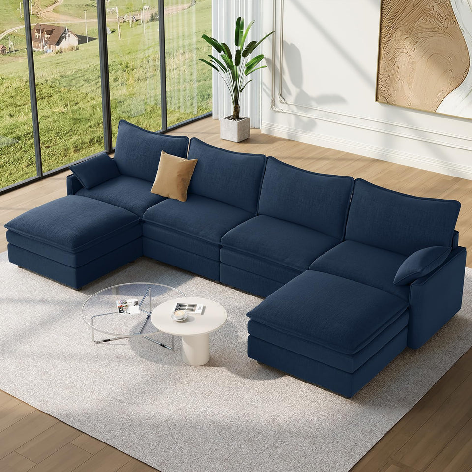 Vesgantti 142" U Shaped Sectional Couch, Comfy Cloud Modular Sectional Sofa with 2 Ottoman Deep Seat Chenille Modern Cloud Sofa, Modular Sofas for Living Room, Bedroom and Apartment, Beige