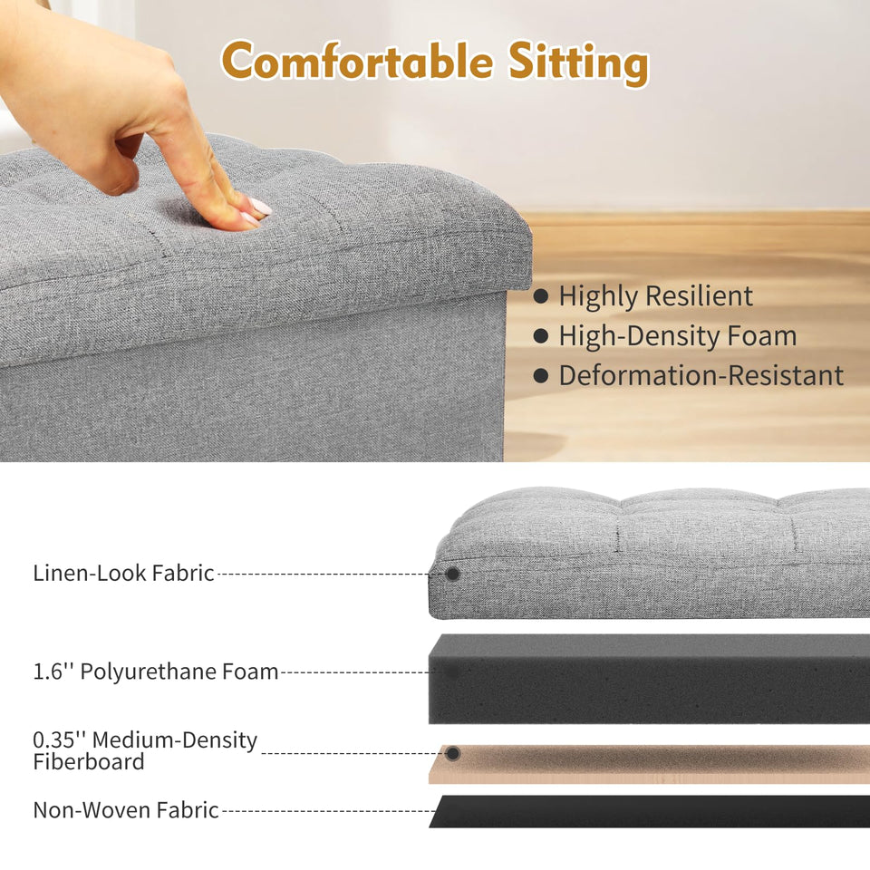 Storage Ottoman with Extra Thick Foam Padded Seat, Foldable Foot Rest Stool with Linen Fabric, 43L Ottoman with Storage Bench for Bedroom Living Room, Holds Up to 300lbs, 17x13x13in, Dark Gray
