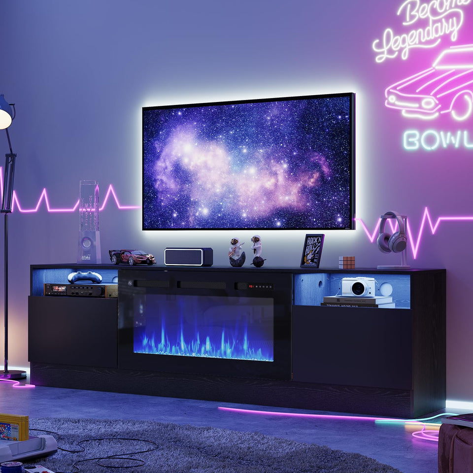 OneBlis 80" Fireplace TV Stand, LED Light Entertainment Center for TVs Up to 90", High-Gloss Door, Modern TV Console for Living Room with Storage Cabinet, Black+Black