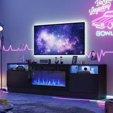 OneBlis 80" Fireplace TV Stand, LED Light Entertainment Center for TVs Up to 90", High-Gloss Door, Modern TV Console for Living Room with Storage Cabinet, Black+Black