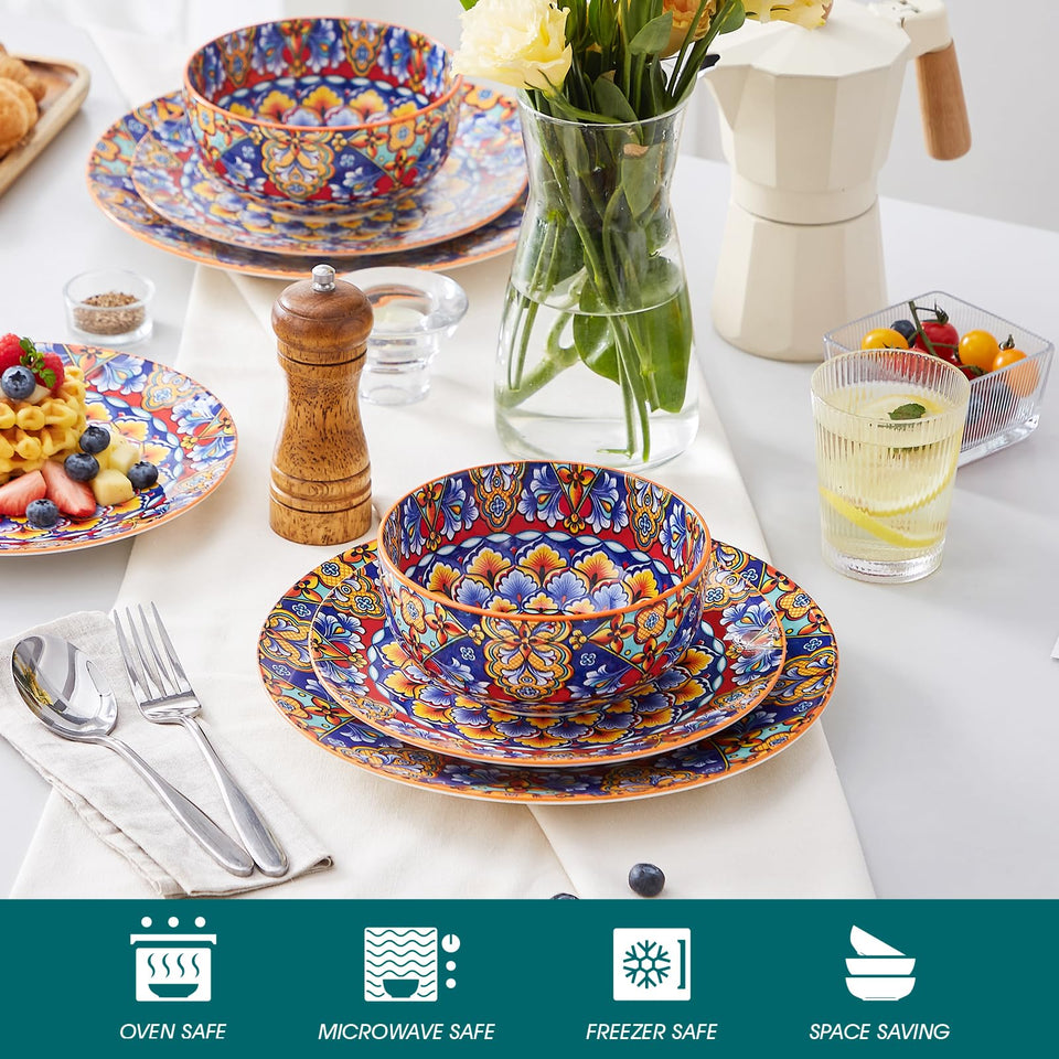 vancasso 24 Pieces Dinnerware Sets, Plates and Bowls Set, Porcelain Dishes Set for 6, Microwave and Dishwasher Safe, Scratch Resistant, Bohemian Style Dining Ware Service for 6, Series SIMI