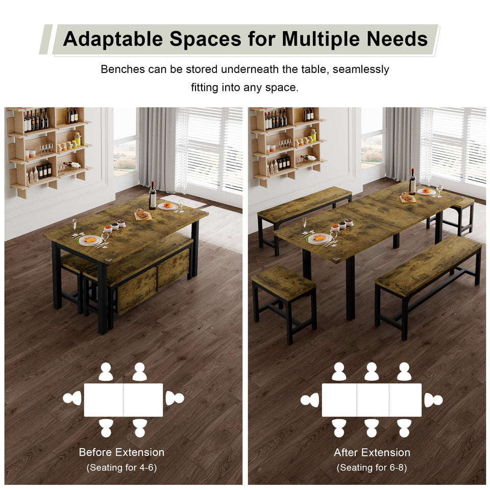Feonase 5-Piece Dining Table Set for 4-8 People, 63" Large Extendable Kitchen Table Set with 2 Benches and 2 Square Stools, Dining Room Table with MDF Wood Board, Easy Assembly, Black