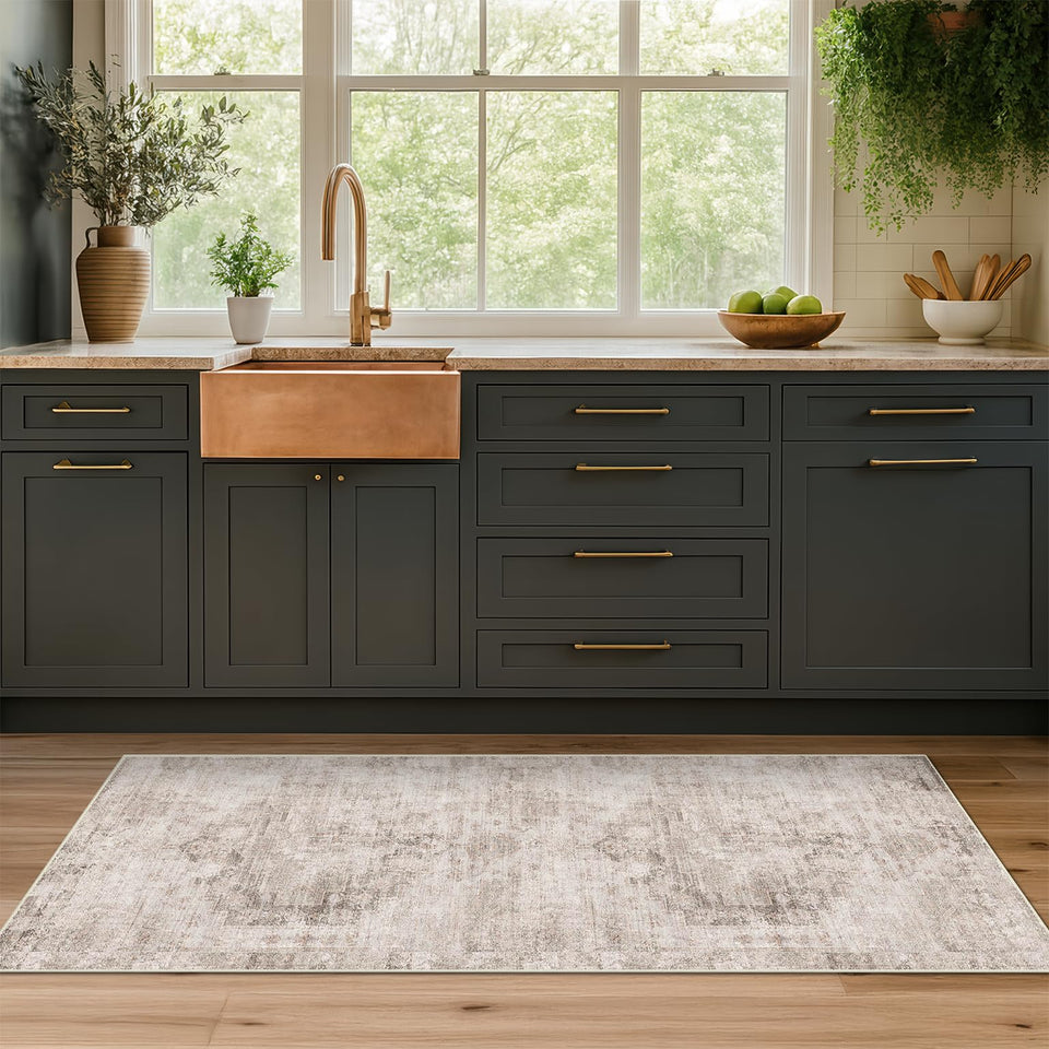 Neutral Living Room Rug - 10x14 Farmhouse Beige Brown Large Area Rug for Dining Room, Bedroom, Low Pile Lightweight Washable