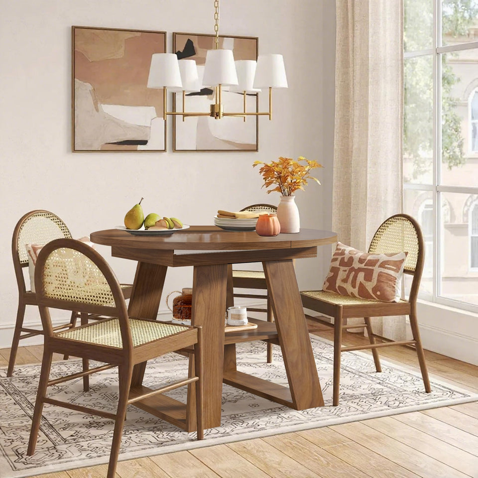43.3in-59in Extendable Round Dining Table for 4-8,Modern Kitchen Oval Dining Table with Removable Leaves Space Saving,Wood Base with Storage Shelf for Kitchen Living Room (Walnut)
