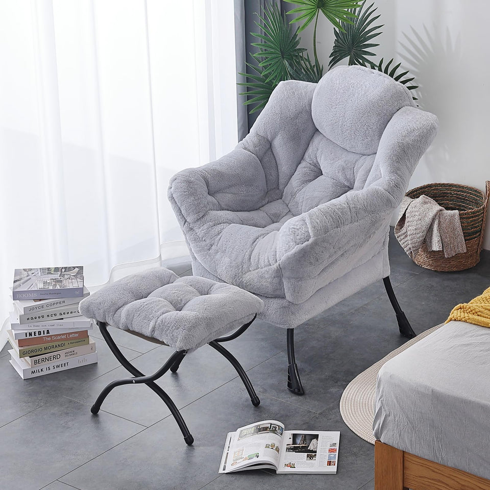 LITA Lazy Chair with Ottoman, Modern Accent Leisure Upholstered Lazy Sofa Armchair, Contemporary Lounge Reading Chair with Armrests and a Side Pocket for Living Room, Bedroom & Small Space, Dark Grey