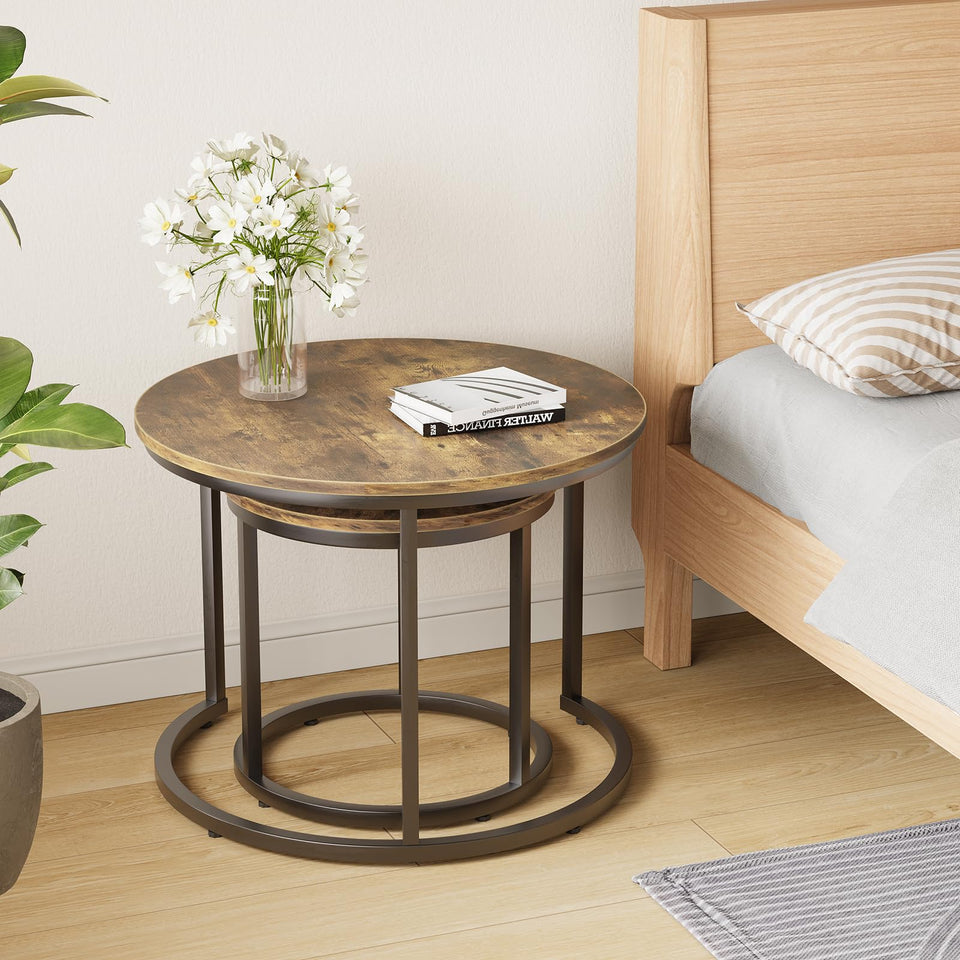 Smuxee Nesting Coffee Table Set of 2, 23.6" Round Coffee Table Wood Grain Top with Adjustable Non-Slip Feet, Industrial End Table Side Tables for Living Room Bedroom Balcony Yard