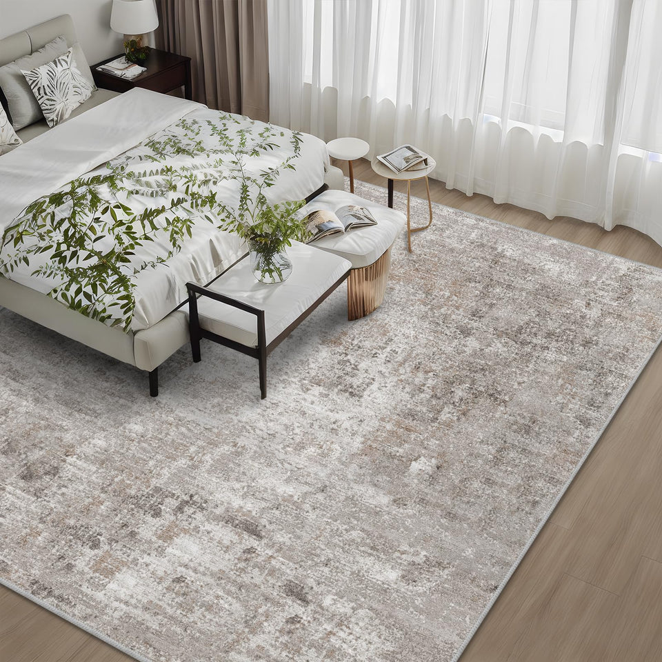 12x15 Area Rug for Living Room – Large Modern Neutral Abstract Thin Washable Carpet, Soft Low Pile Non-Slip Stain-Resistant for Bedroom Dining Room Home Office (Beige Grey)