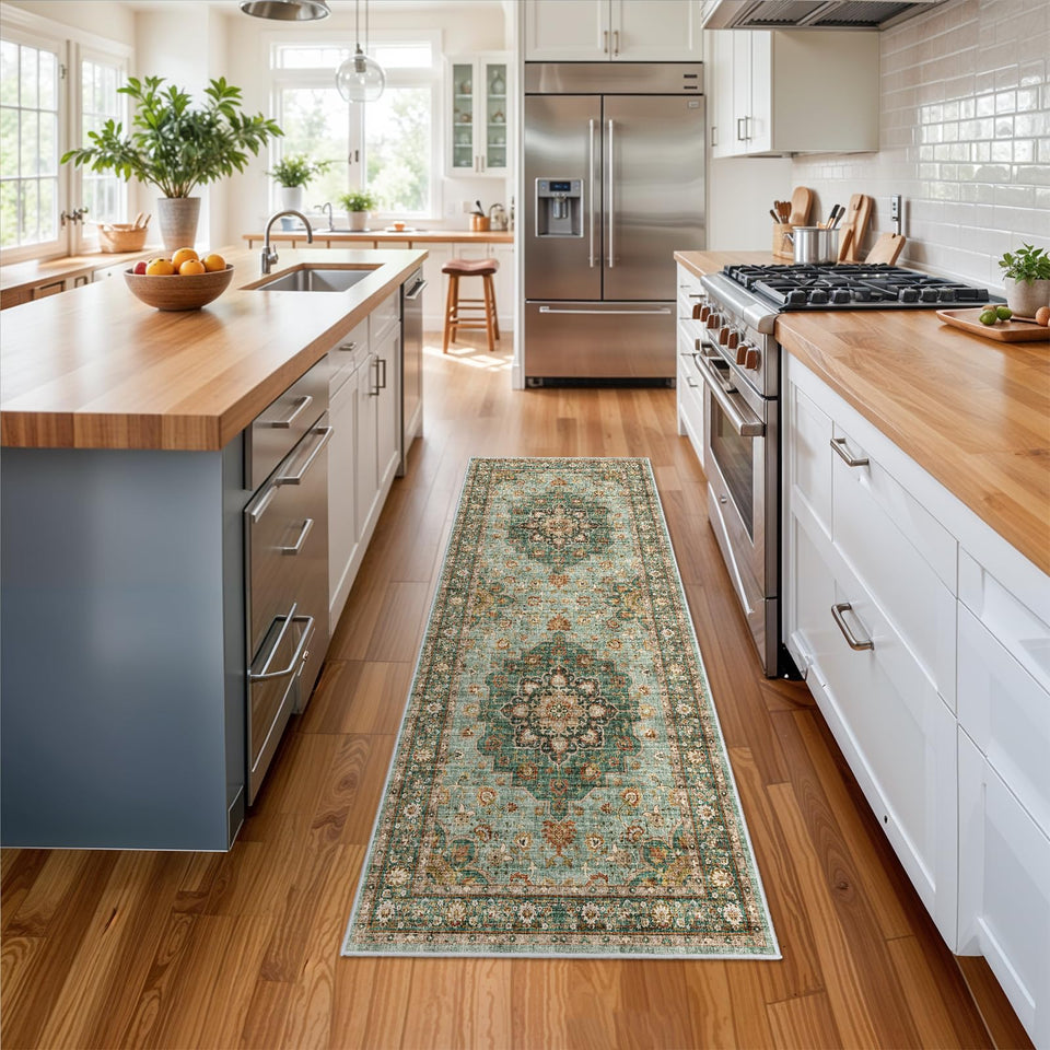 TOPRUUG Washable Oriental Area Rug - 12x15 Rugs for Living Room Soft Carpet for Bedroom Waterproof Floral Distressed Indoor Stain Resistant Non-Shedding Floor Carpets (Green, 12x15)