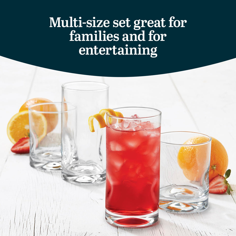 Libbey Ascent Tumbler and Rocks Drinking Glasses Set of 16, Glass Drinking Glasses with Curvature, Versatile Glassware Set for Parties and More
