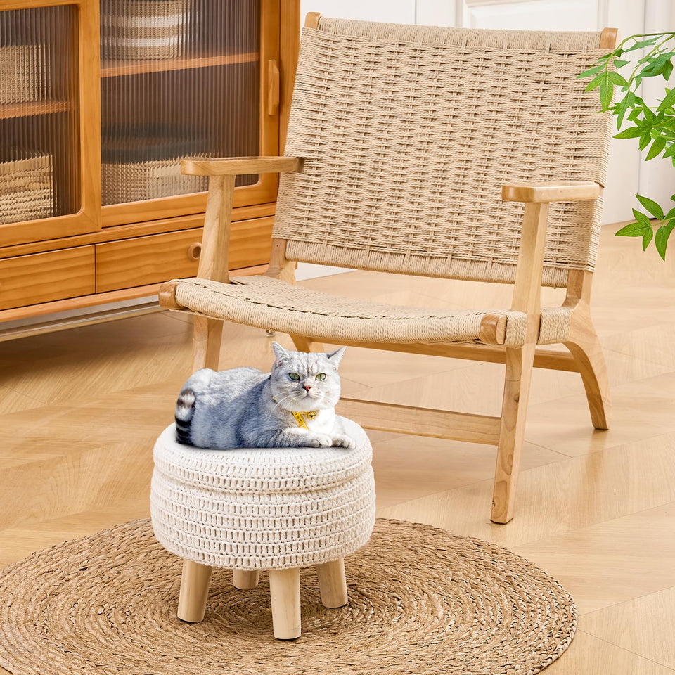 Wimarsbon Pouf Ottoman, 100% Cotton Knitted Boho Footstool, Round Footrest with Non-Skid Wood Legs, Home Décor Handmade Pouffe, Leisure Floor Step Stool for Living Room (Beige)