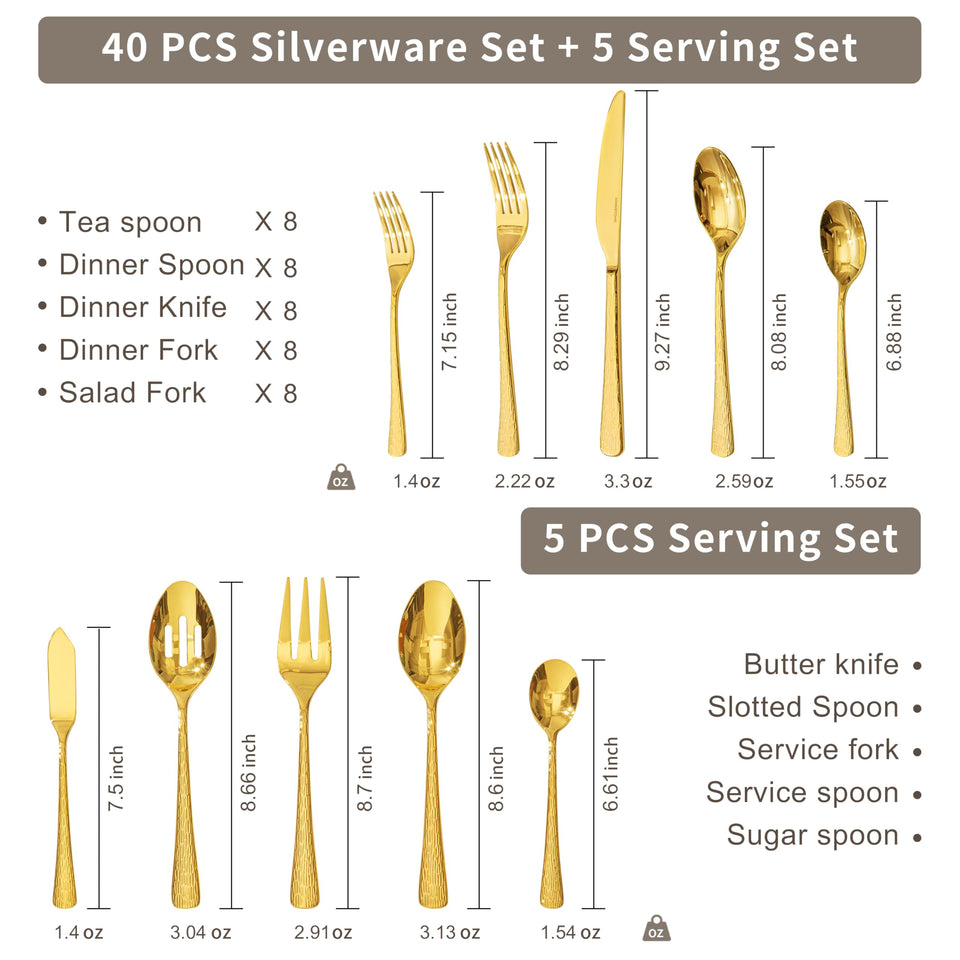 KINGSTONE Hammered Silverware Set, Flatware Set, 18/10 Stainless Steel Premium Cutlery with Unique Ripple Handles Design Mirror Polished - Dishwasher Safe (40-Piece)