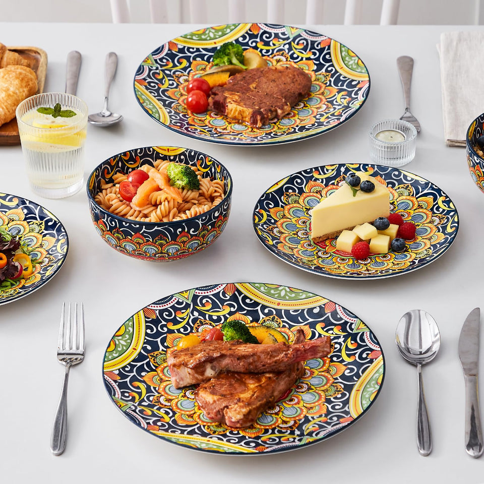vancasso 24 Pieces Dinnerware Sets, Plates and Bowls Set, Porcelain Dishes Set for 6, Microwave and Dishwasher Safe, Scratch Resistant, Bohemian Style Dining Ware Service for 6, Series SIMI