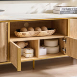 OKD Luxury 70" Fluted TV Stand, Modern Chic Entertainment Center for TVs Up to 80 inches, TV Console with Faux Marble Top, Curved Profile Design, Media Console for Living Room, Natural Oak