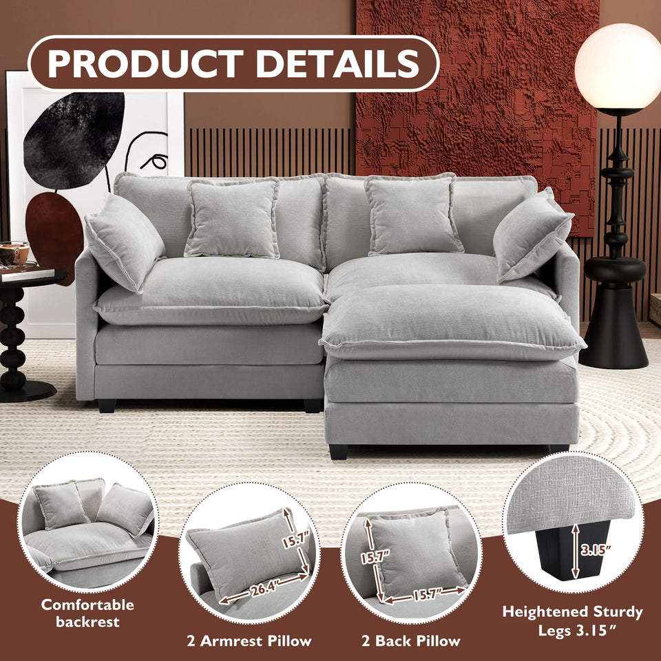 Ihanherry 146" U-Shaped Modern Sofa Modular Sectional Cloud Couch with 2 Ottoman, 6-Seat Chenille Deep Seat Sofa with 6 Pillows for Living Room, Bedroom and Apartment, Grey