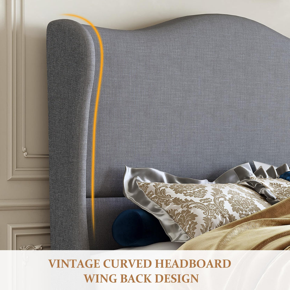 koorlian King Size Bed Frame Upholstered Platform Bed with 51" Tall Headboard Wingback, Soft Fabric, Retro Simple Style Platform Bed No Box Spring Needed, Easy Assembly, Beige