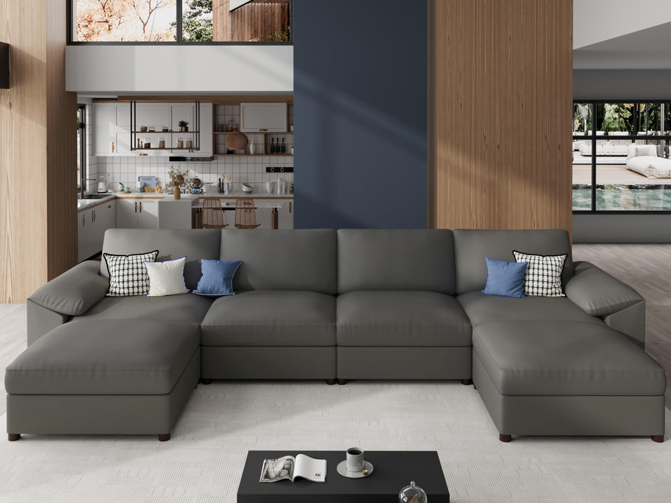 EASE MOOSE Leather Sectional Couch, Oversized Modular Sectional Sofas, Wide Deep Seat Modular Couch, Scratch Resistant Faux Leather Material, L Shaped Sofa for Big Spaces,Beige