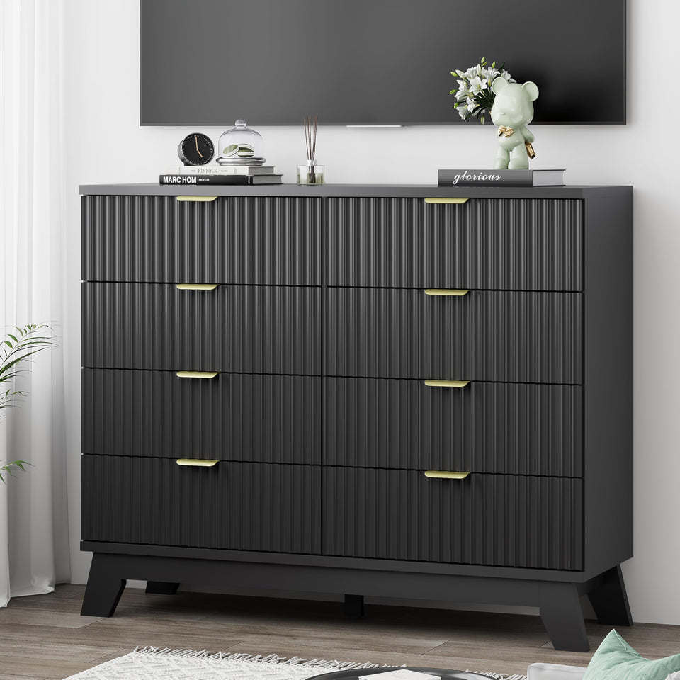 Fluted Dresser for Bedroom with 9 Drawers, 57" Wide Modern Chest of Drawers with Metal Handle, Wooden Dresser TV Stand, Wood Closet Clothes Storage Organizer for Living Room, Hallway, Natural Oak