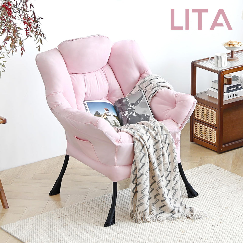 LITA Lazy Chair with Ottoman, Modern Accent Leisure Upholstered Lazy Sofa Armchair, Contemporary Lounge Reading Chair with Armrests and a Side Pocket for Living Room, Bedroom & Small Space, Dark Grey